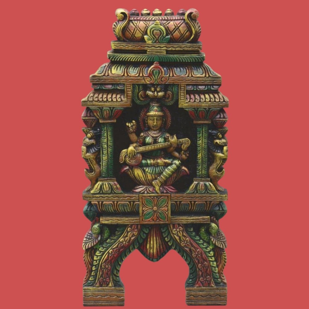 WOODEN SARASWATI STATUE
