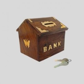 Wood Handicrafts House Shape Wooden Money Box with Lock Piggy Bank Coin Box Children Gifts, Brown