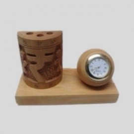 Wooden Three Pen Rupees Design pen holder with clock