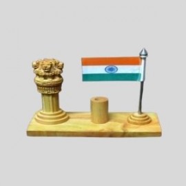 WHITE WOODEN ASHOK STAMPH WITH PEN STAND AND INDIAN FLAG