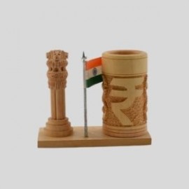 Wooden Ashok Stumph Flag with  Rupees pen Holder
