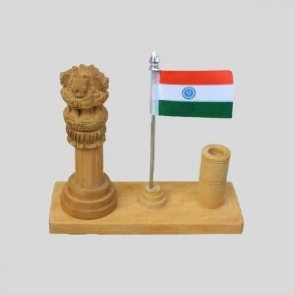 Wooden Ashok Stamps Flag with  Small Round Pen Holder