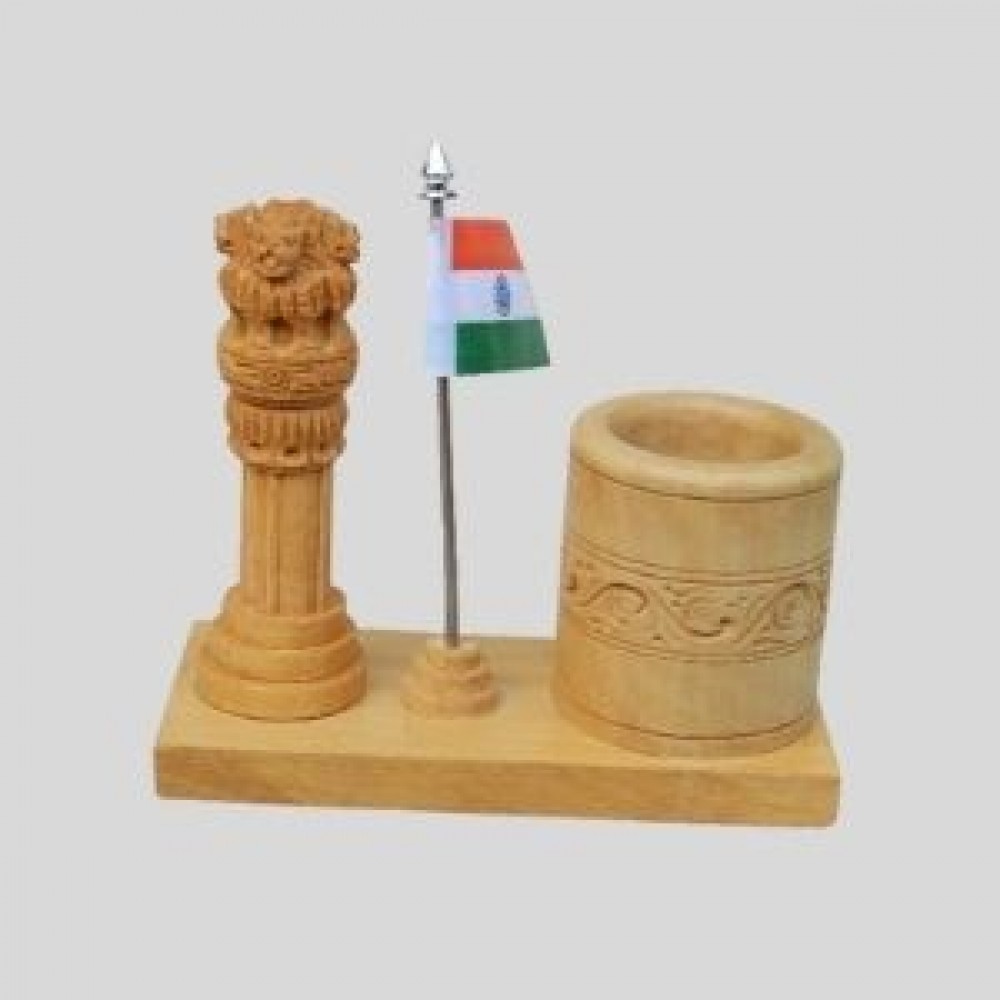 Wooden Ashok Stumph Flag   with Round Pen Holder