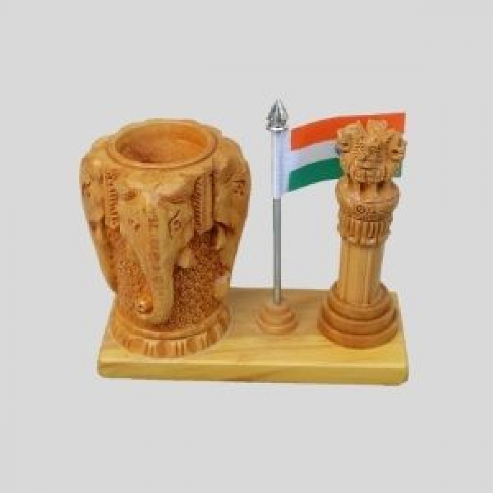 Wooden Ashok Stumph Flag  with  Carving Elephant Pen Holder