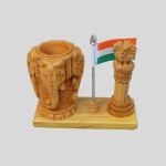 Wooden Ashok Stumph Flag  with  Carving Elephant Pen Holder
