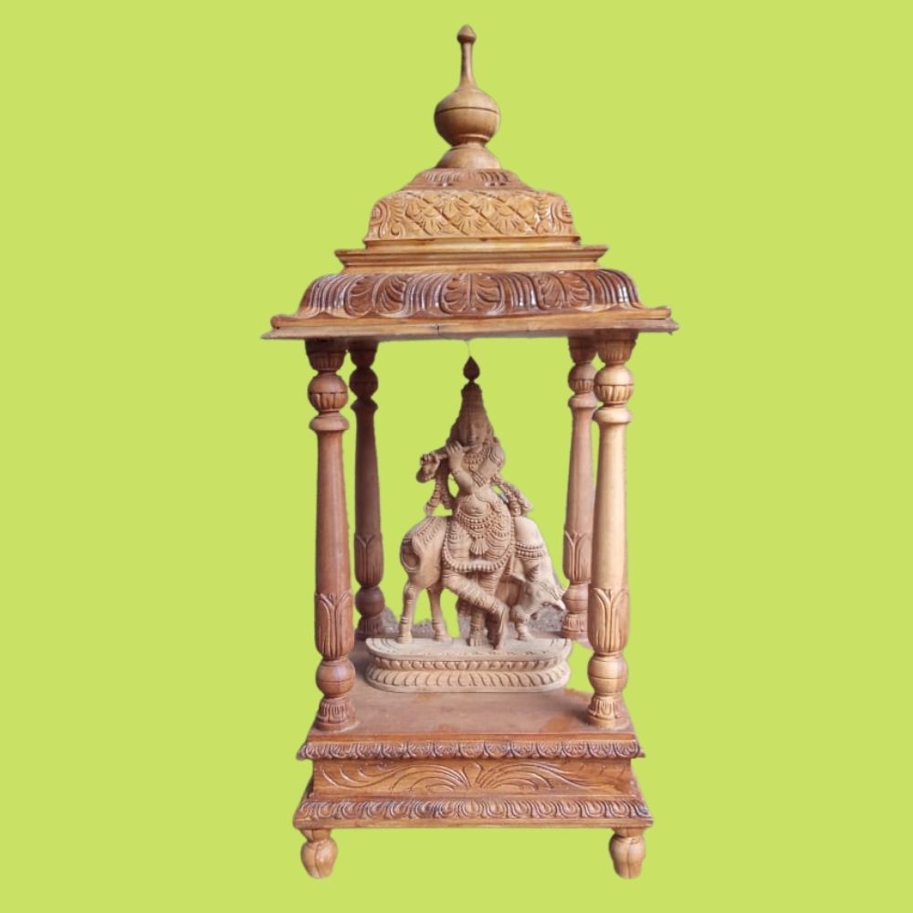 WOODEN POOJA MANTHIR AND KRISHNA STATUE